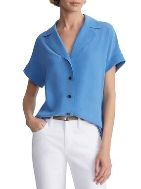NWOT Lafayette 148 Sabine Blue Button-Up Silk Blouse Size Large Stylist Approved